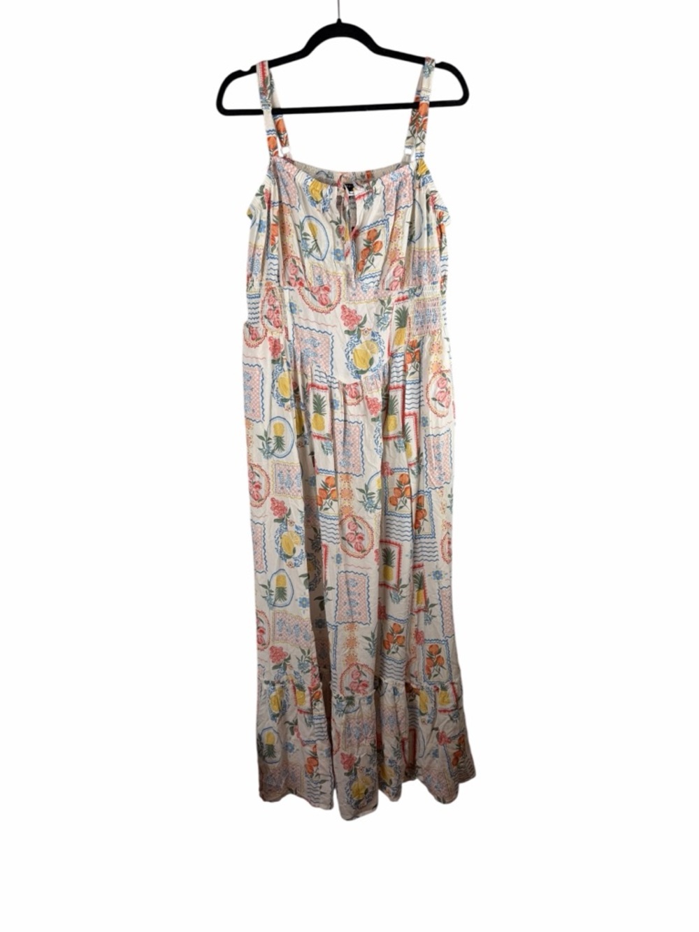 Torrid Vacation Stamps White Floral Fruit Smocked Maxi Dress Size 2 2X NWT